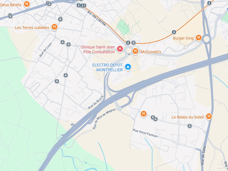 Plan Montpellier : Accès Clinique Saint-Jean et Electro Depot Carte de Montpellier Sud avec la Clinique Saint-Jean, l'Electro Depot et les accès routiers environnants.